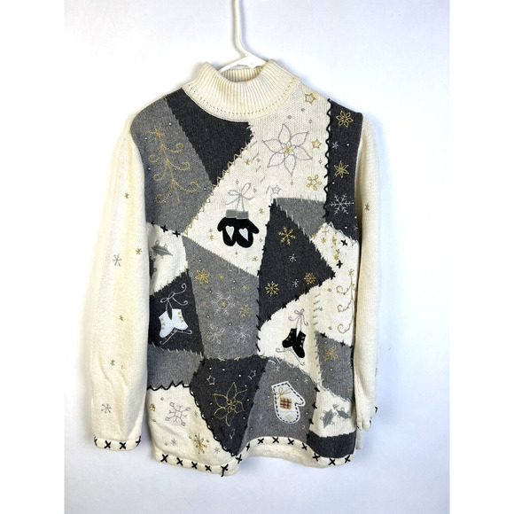 Design Originals Studio Winter Sweater Women's Medium Cream Gray Embroidery - Picture 10 of 10